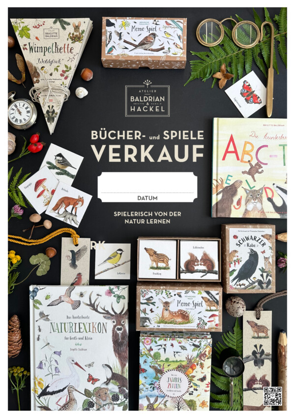 Poster für Verkaufsausstellung. Spiele und Bilderbücher auf schwarzem Hintergrund mit Blättern, Farnen, Naturmaterial
