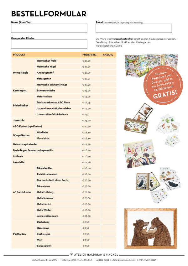 Bestellformular (Tabelle) mit Preisen und Fotos von verschiedenen Artikeln