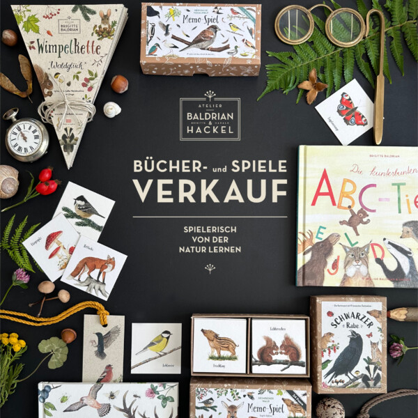 Spielwaren und Bilderbücher auf schwarzem Hintergrund mit Naturmaterial