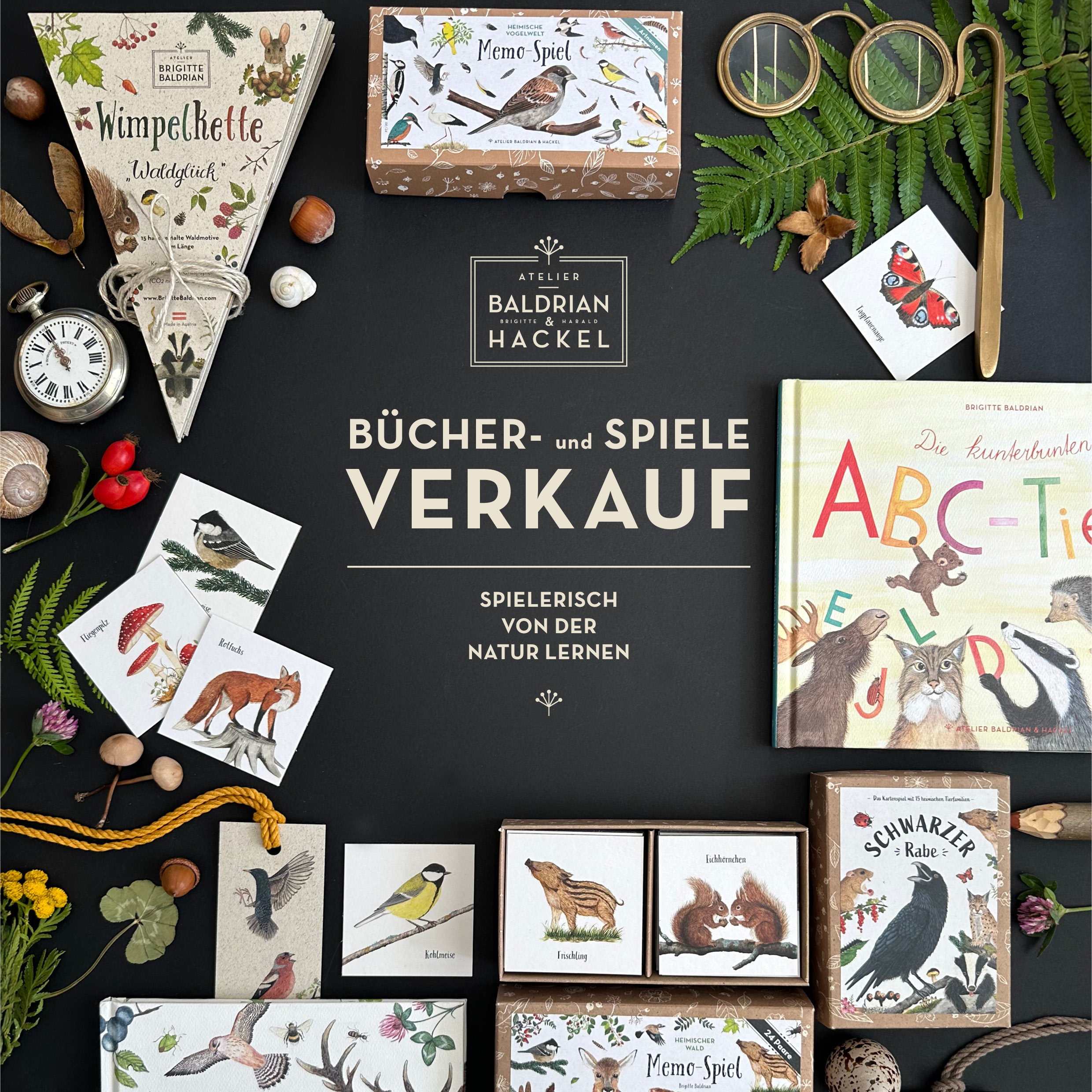 Spielwaren und Bilderbücher auf schwarzem Hintergrund mit Naturmaterial