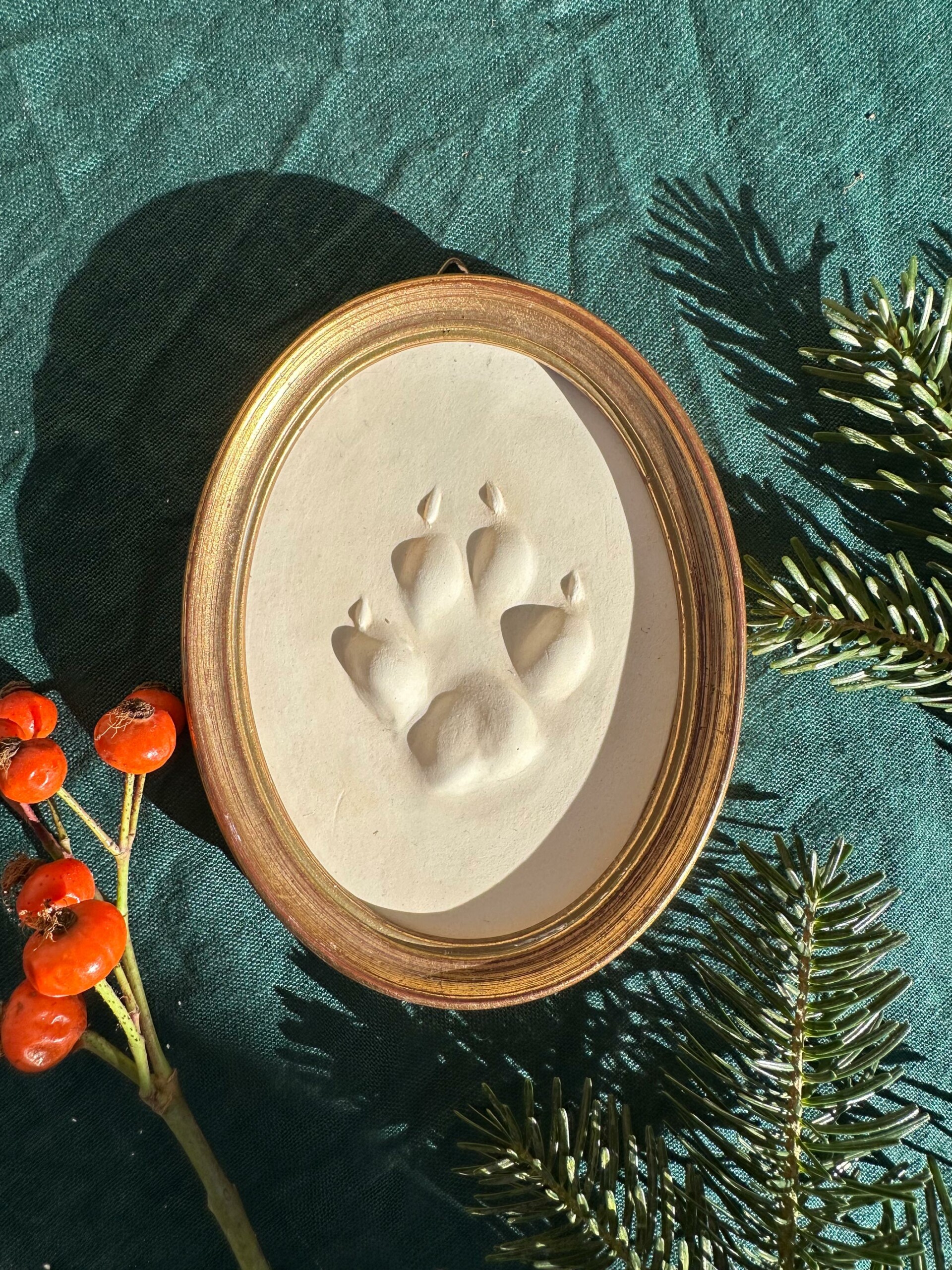 Gipsabguss einer Fuchsspur, gerahmt in einem ovalen Holzrahmen mit Gold