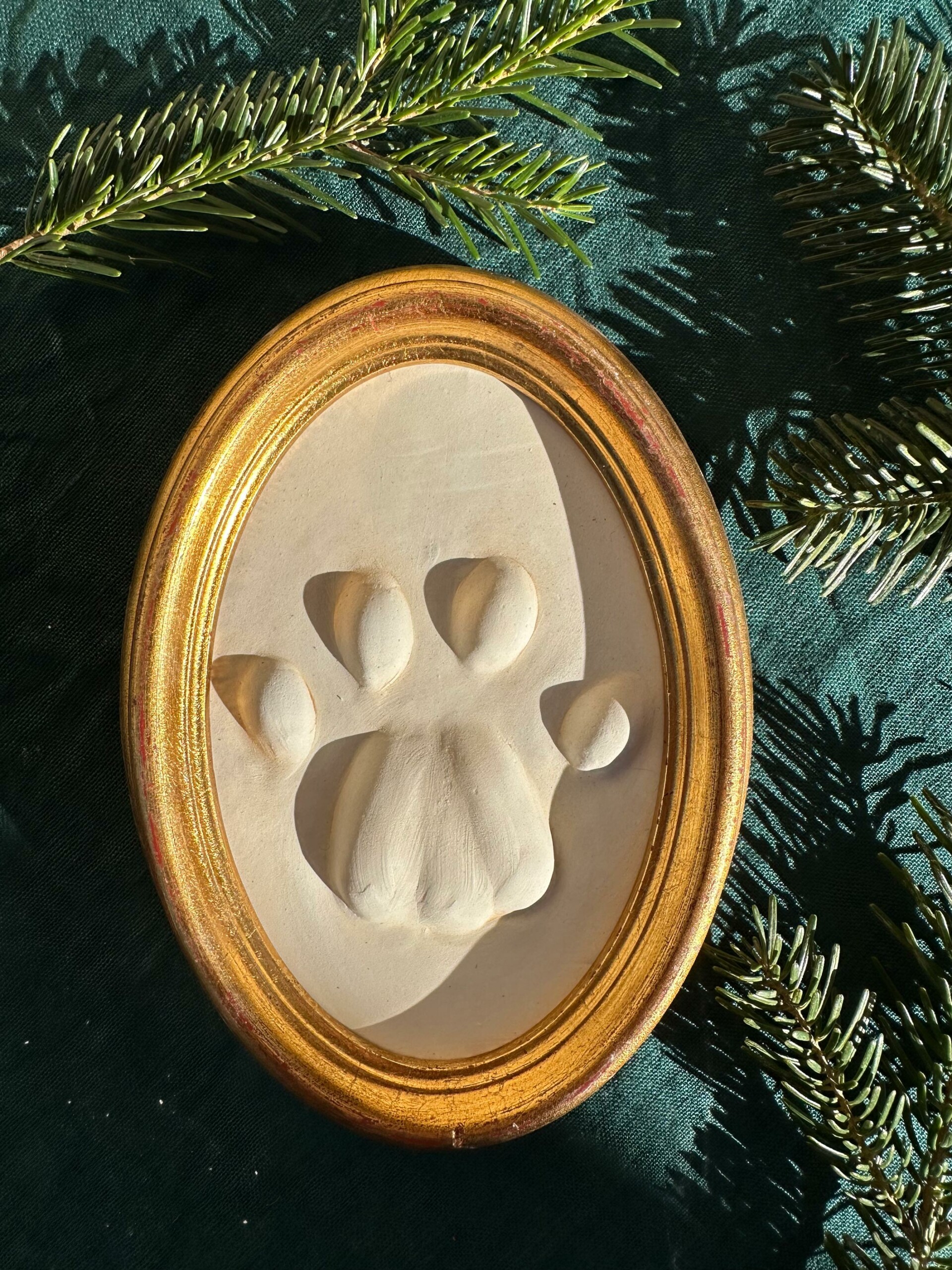 Gipsabguss einer Luchsspur, gerahmt in einem ovalen Holzrahmen mit Gold