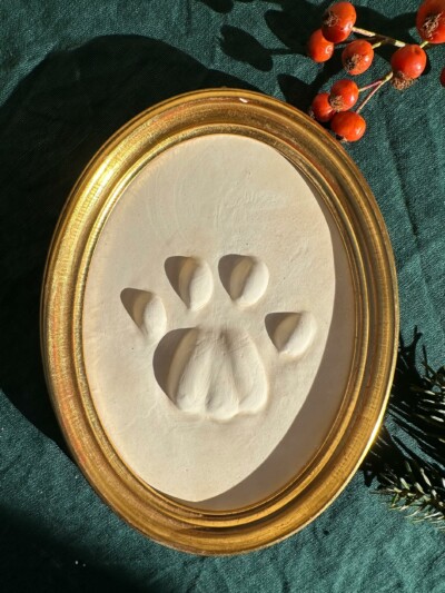 Gipsabguss einer Luchsspur, gerahmt in einem ovalen Holzrahmen mit Gold