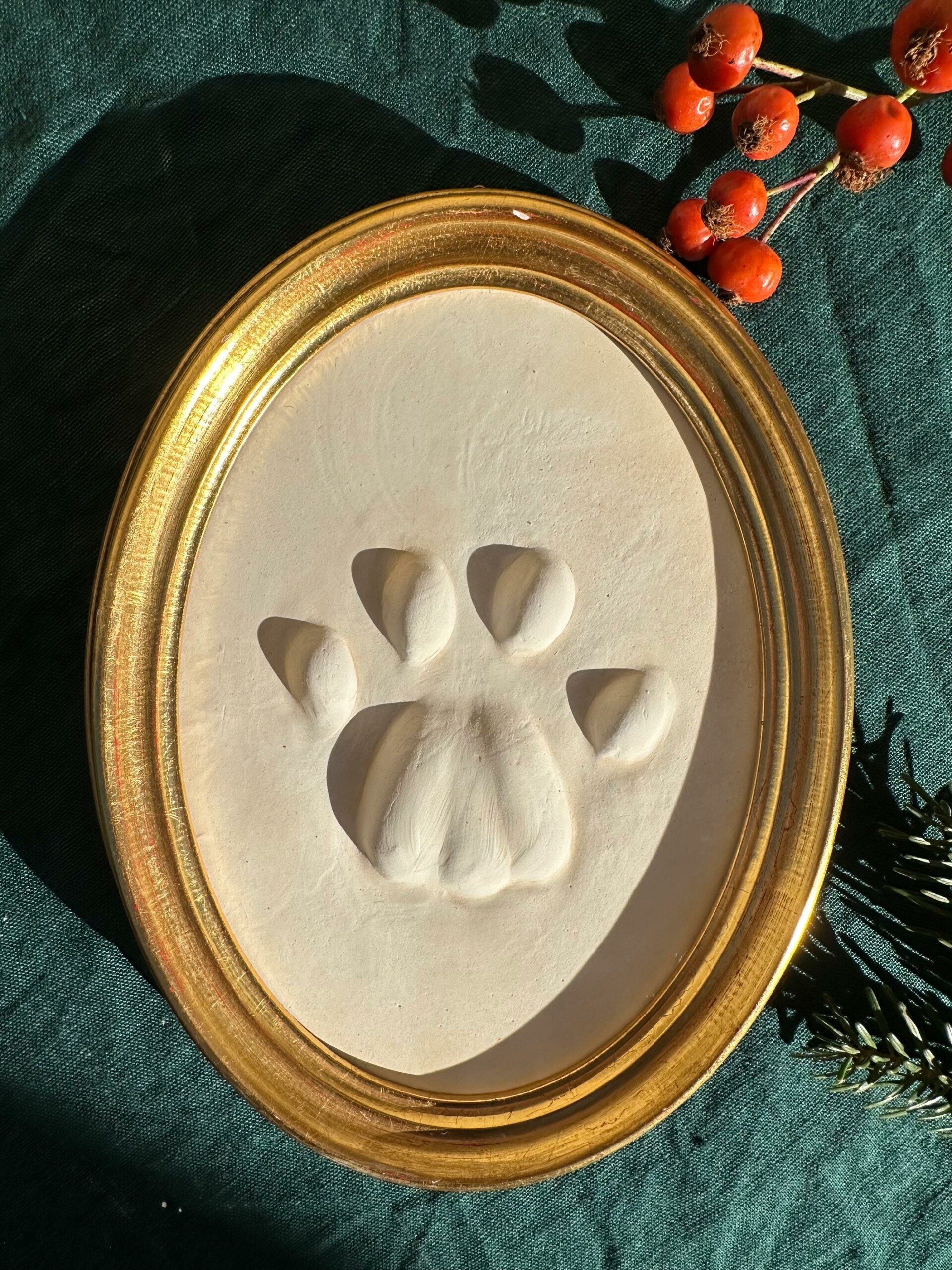 Gipsabguss einer Luchsspur, gerahmt in einem ovalen Holzrahmen mit Gold