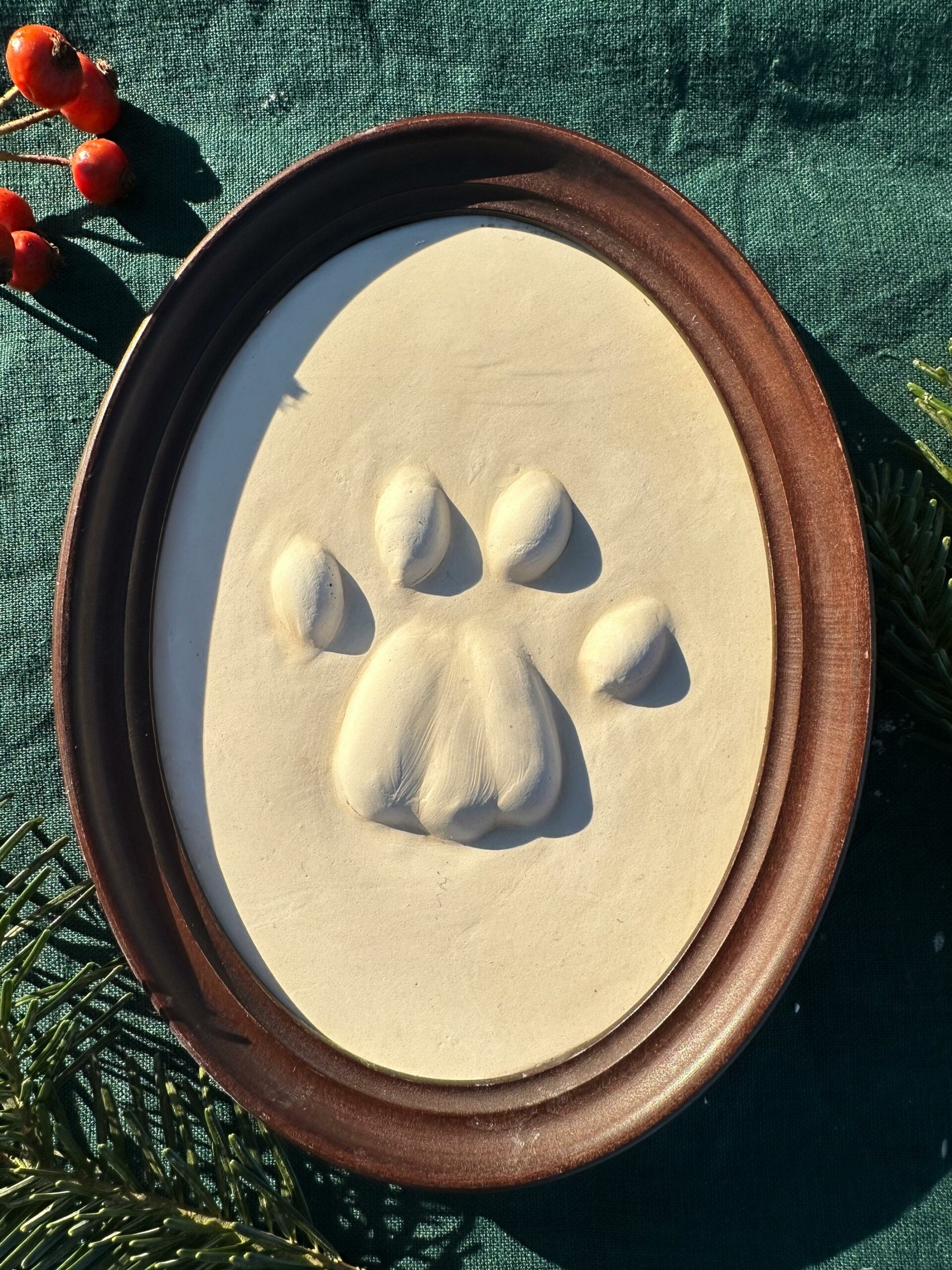 Luchsspur in Gips gegossen, gerahmt in einem ovalen Holzrahmen