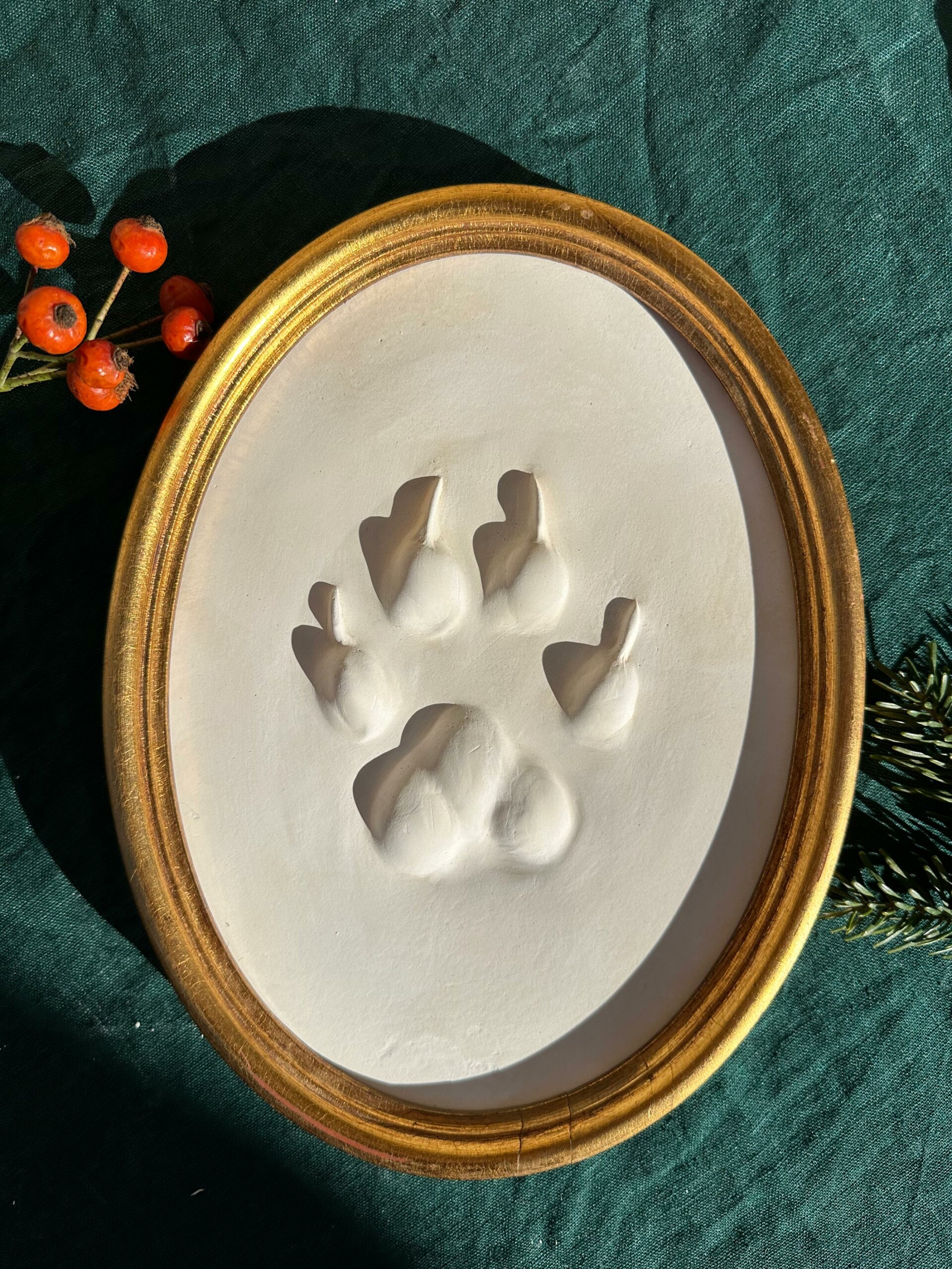 Gipsabguss einer Wolfsspur, gerahmt in einem ovalen Holzrahmen mit Gold