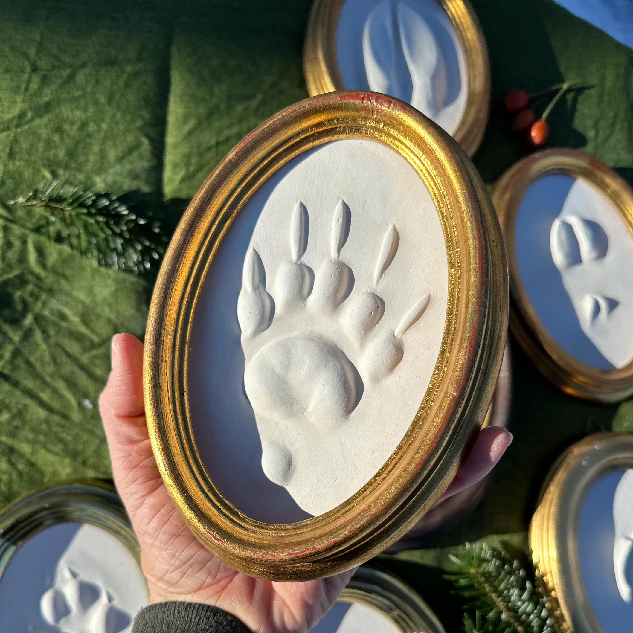 Gipsabguss einer Dachsspur gerahmt in einem ovalen Goldrahmen