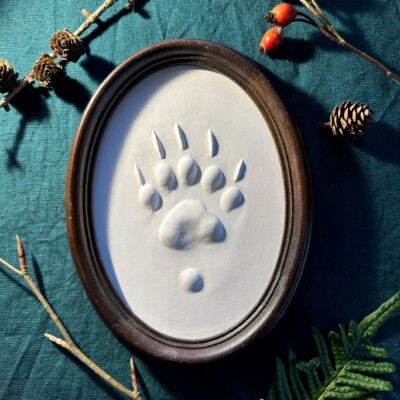 Gipsabguss einer Dachsspur gerahmt in einem ovalen Rahmen aus Holz