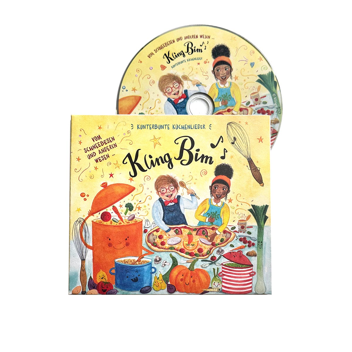 Farbenfroh illustrierte Kinderlieder CD mit handgemalten KIndern, welche kochen.