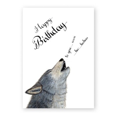 Illustration von einem heulenden Wolf, dazu ein handschriftlicher Text mit Happy Birthday