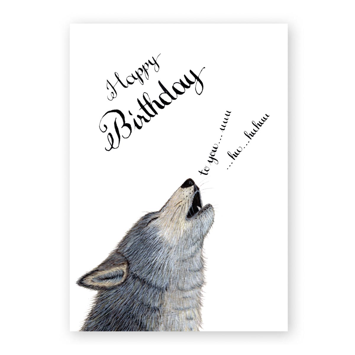 Illustration von einem heulenden Wolf, dazu ein handschriftlicher Text mit Happy Birthday