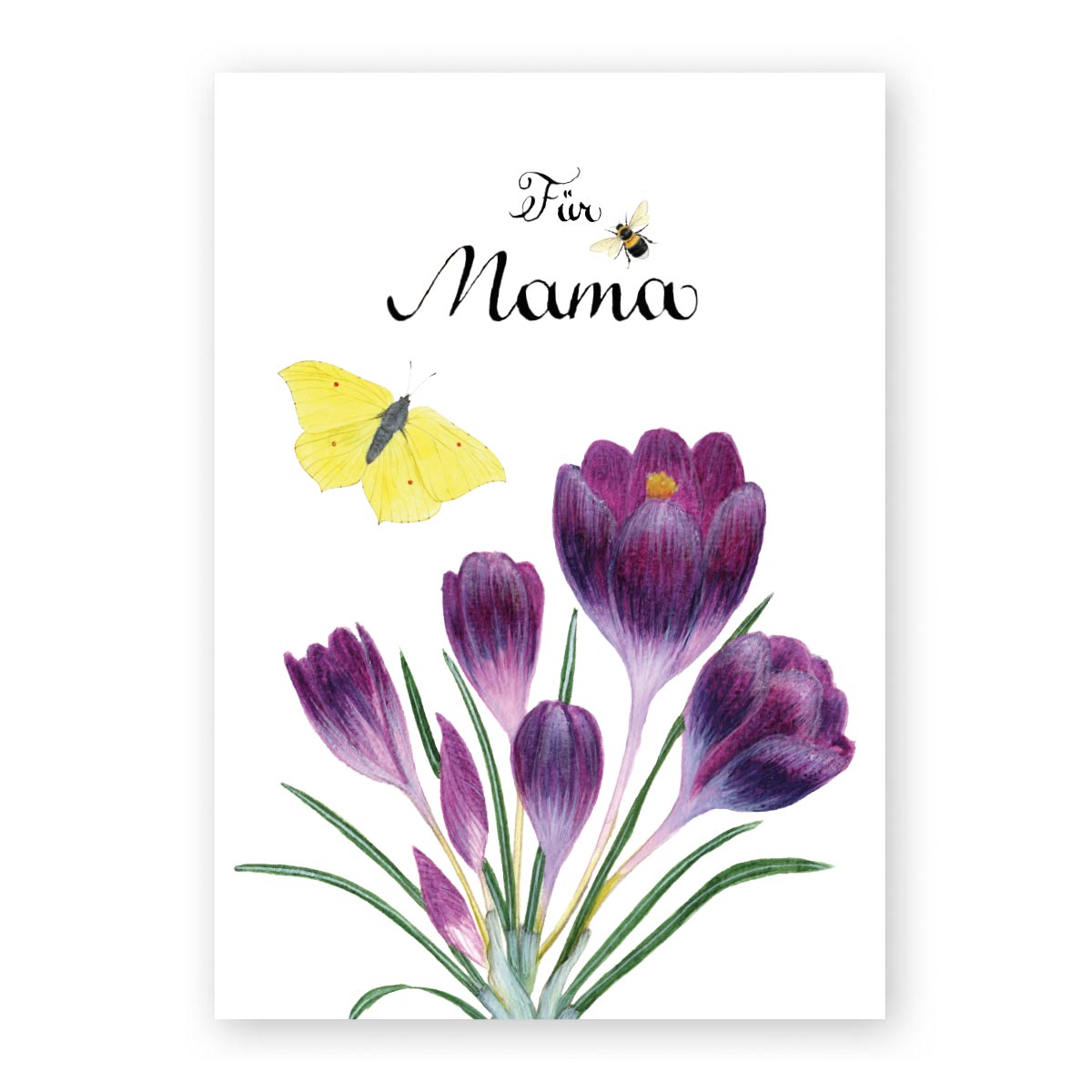 Illustration eines violetten Krokus und ein Zitronenfalter und eine Hummel. Dazu ein handschriftlicher Text "Für Mama"