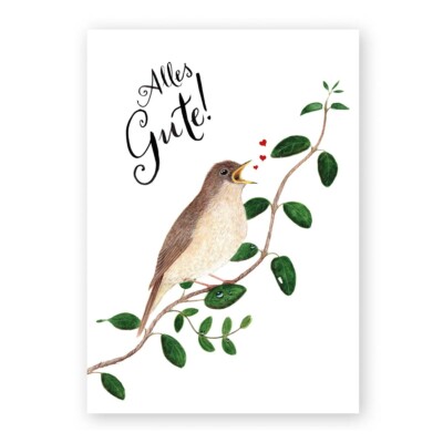 Illustration einer Nachtigall sitzend auf einer Schlingpflanze, mit handschriftlichem Text "Alles Gute"