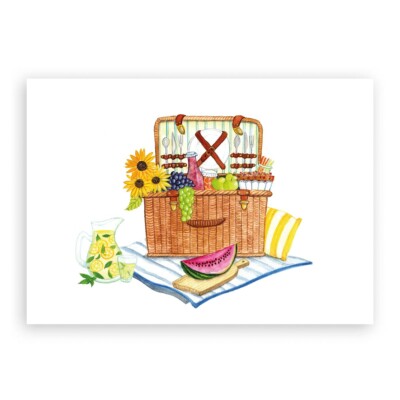 Illustration eines Picknickkorbs, gefüllt mit Blumen, Obst, Kuchen, Getränken und Geschirr. Davor ein Krug mit Limonade, Wassermelone ein Polster und eine Decke